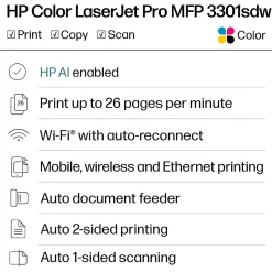HP Color LaserJet Pro MFP 3301sdw Wireless Printer, Print, scan, copy, Fast speeds, Easy setup, Mobile printing, Best for office, AI-enabled