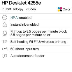 HP DeskJet 4255e Wireless All-in-One Color Inkjet Printer, Scanner, Copier, Best for home, 3 months of free Instant Ink, AI-enabled (588S6A)
