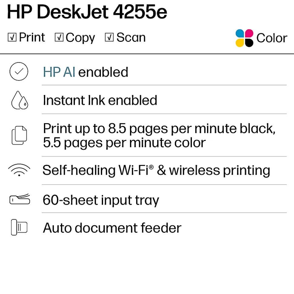 HP DeskJet 4255e Wireless All-in-One Color Inkjet Printer, Scanner, Copier, Best for home, 3 months of free Instant Ink, AI-enabled (588S6A)