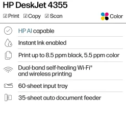 HP DeskJet 4355 Wireless All-in-One Color Inkjet Printer, Scanner, Copier, Best for home, 3 months of free Instant Ink, AI-capable (AJ4Y0A)