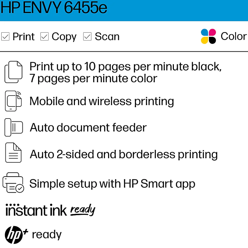 HP ENVY 6455e Wireless All-in-One Color Printer with 3 months Free Instant Ink with HP+ (223R1A)
