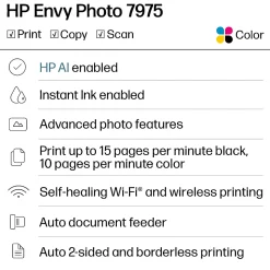 HP Envy Photo 7975 Wireless Color Inkjet Photo Printer, Print, scan, copy, Duplex printing best for home, 3 months of free Instant Ink, AI-enabled