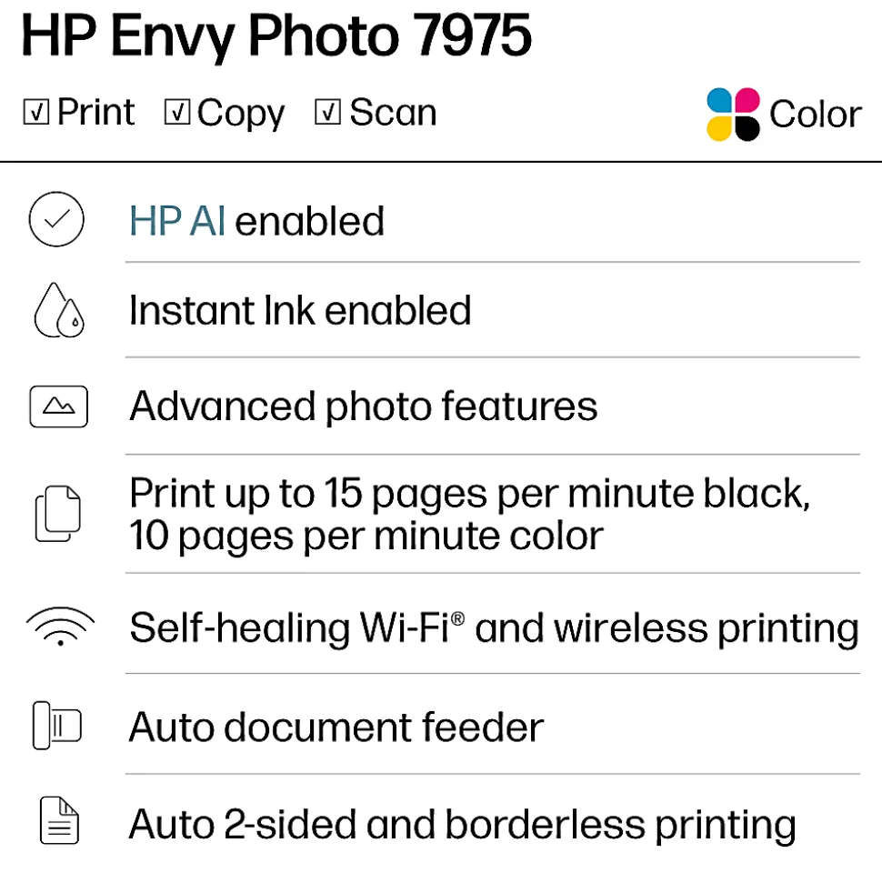 HP Envy Photo 7975 Wireless Color Inkjet Photo Printer, Print, scan, copy, Duplex printing best for home, 3 months of free Instant Ink, AI-enabled