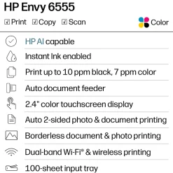 HP Envy 6555 Wireless All-in-One Color Inkjet Printer, Print/Scan/Copy, Duplex Printing, 3 Months of free Instant Ink