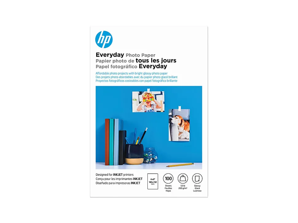 HP Everyday Photo Paper for Inkjet Printers, Glossy, 4" x 6", 53 Lb, Pack Of 100 Sheets (CR759A)