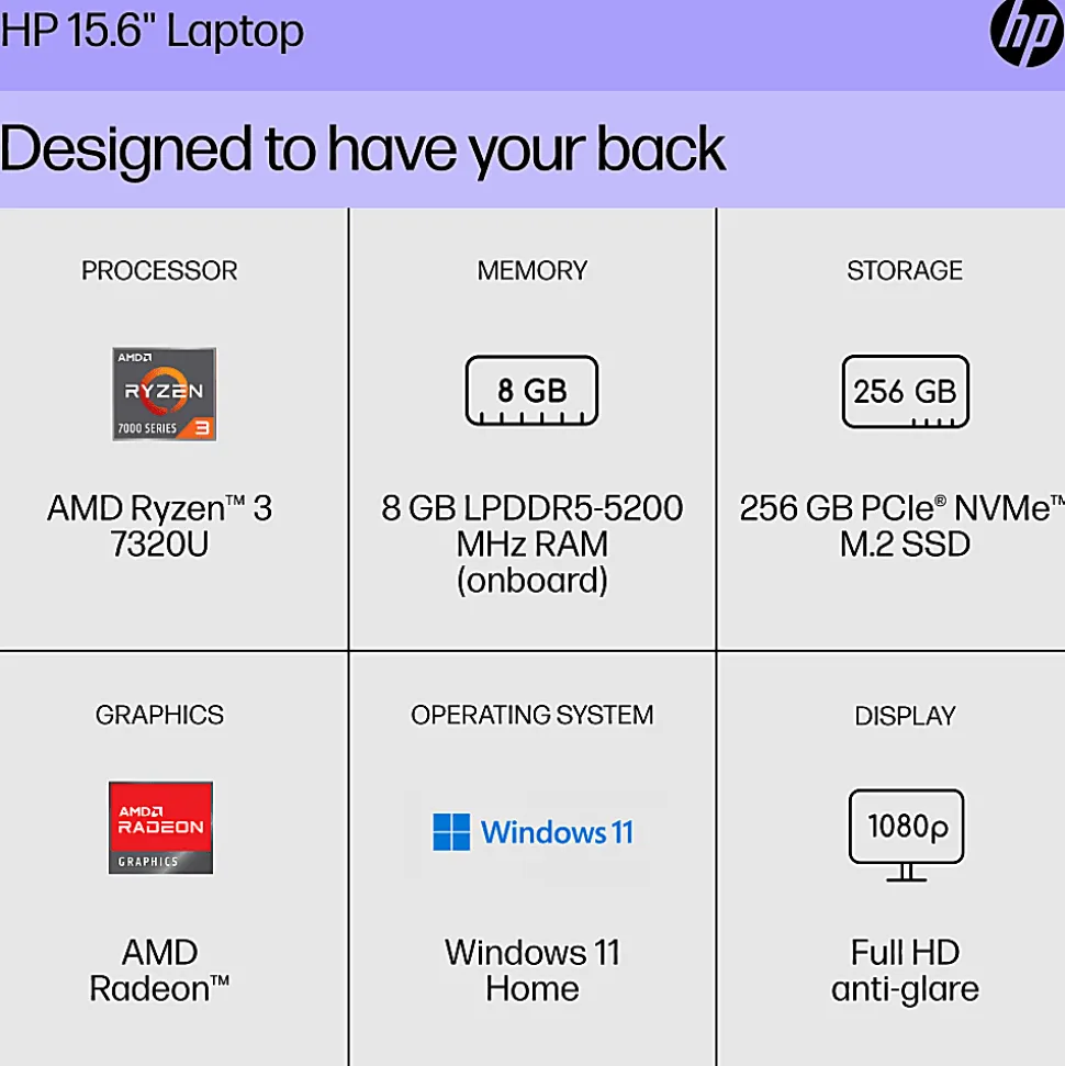 HP 15.6" Laptop, AMD Ryzen 3, AI Enabled, 8GB RAM, 256GB SSD, Wi-Fi 6, Windows® 11 Home (15-fc0013od)