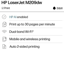 HP LaserJet M209dw Wireless Printer, Print, Fast speeds, Easy setup, Mobile printing, Best for home office and small business, AI-enabled