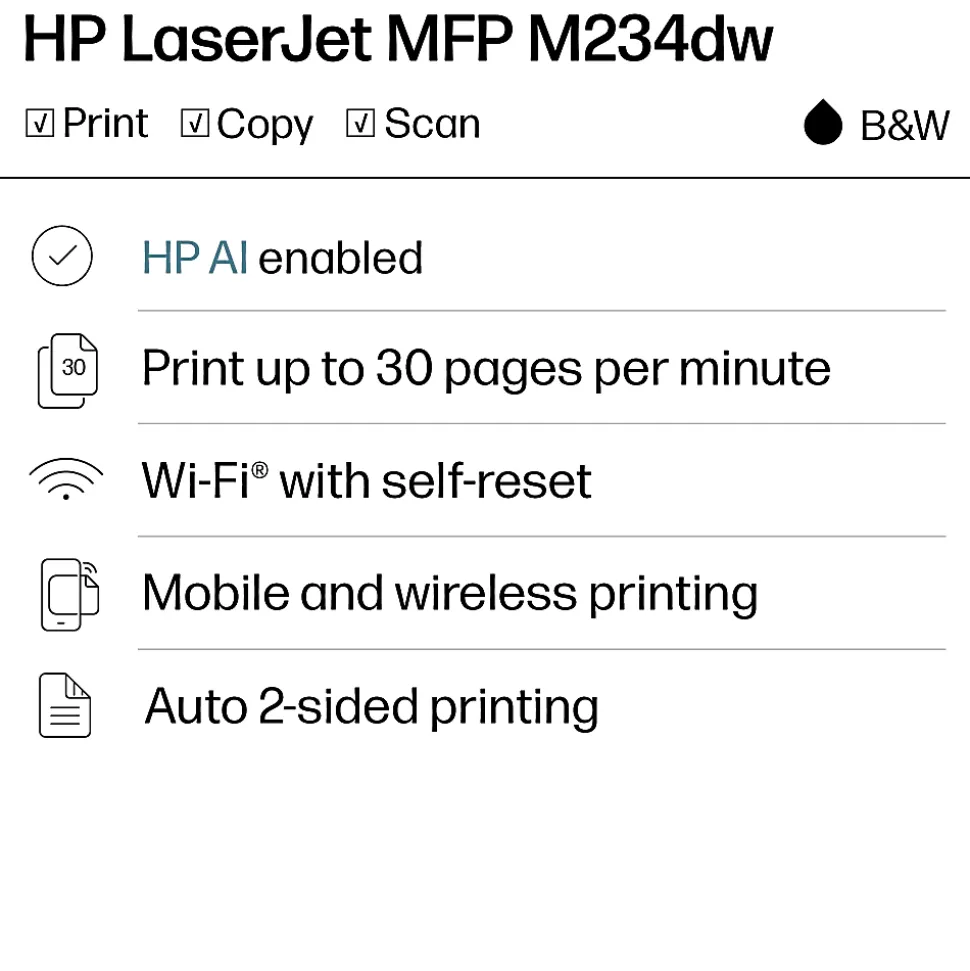 HP LaserJet MFP M234dw Wireless Printer, Print, scan, copy, Fast speeds, Easy setup, Mobile printing, Best for home office/small business, AI-enabled