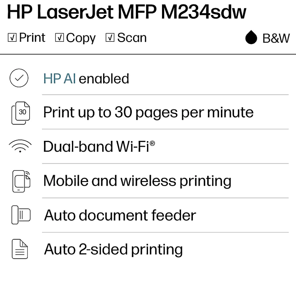 HP LaserJet MFP M234sdw Wireless Printer, Print, scan, copy, Fast speeds, Easy setup, Mobile printing, Best for home office/small business, AI-enabled