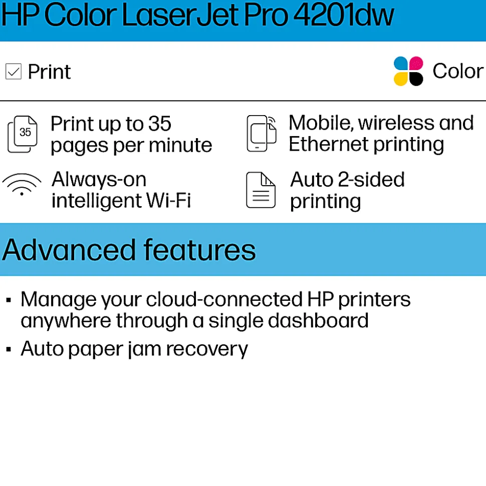 HP LaserJet Pro 4201dw Wireless Laser Color Printer (4RA86F)