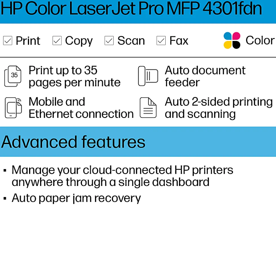 HP LaserJet Pro MFP 4301fdn All-In-One Laser Color Printer (4RA81F)