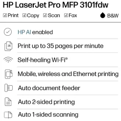 HP LaserJet Pro MFP 3101fdw Wireless Printer, Print, scan, copy, fax, Fast speeds, Easy setup, Mobile printing, Best for office, AI-enabled