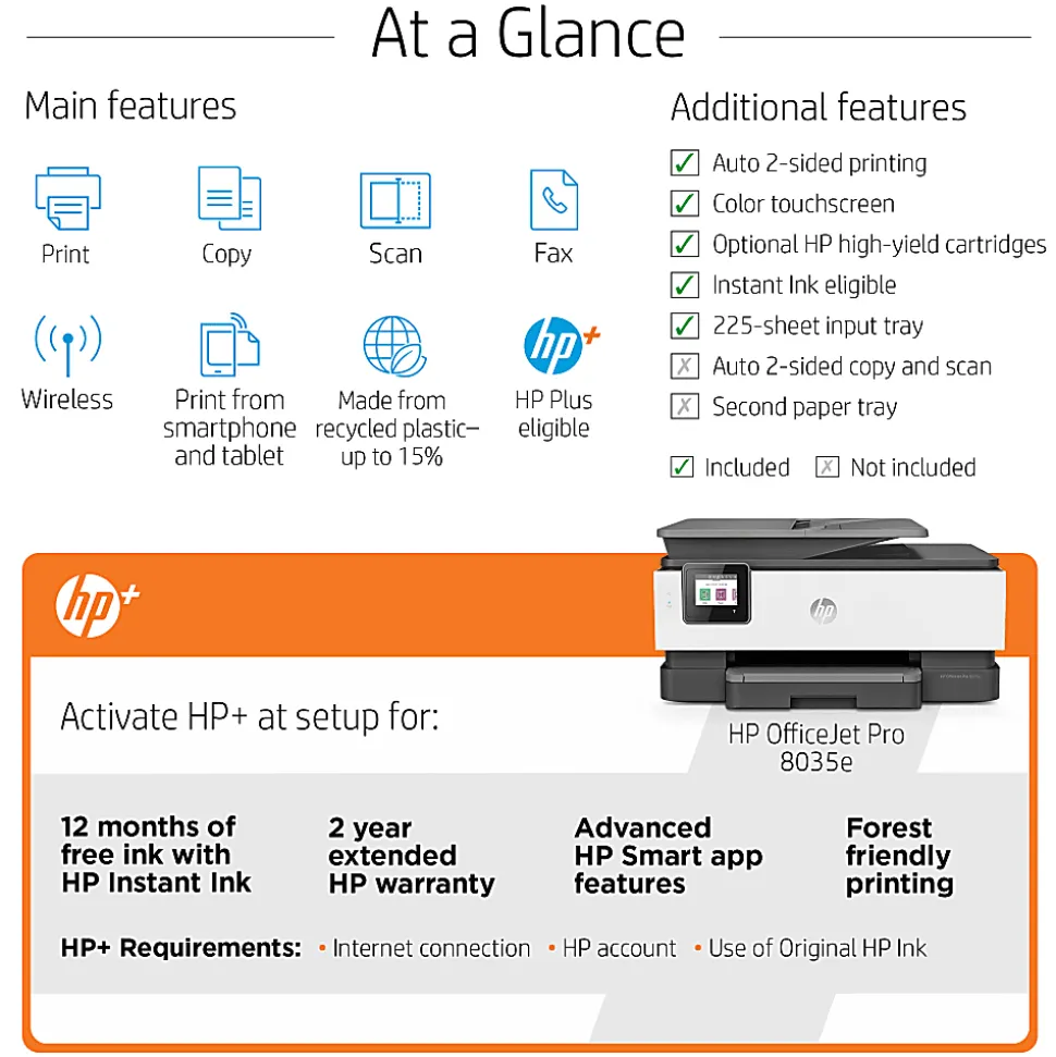 HP OfficeJet Pro 8035e Wireless Inkjet All-In-One Color Printer (Basalt) With HP+ (1L0H6A)