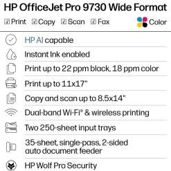 HP OfficeJet Pro 9730 Wide Format Wireless All-in-One Color Inkjet Printer, Print, scan, copy, fax, ADF, Duplex print/scan, 3 months free Instant Ink