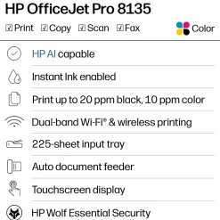 HP OfficeJet Pro 8135 Wireless All-in-One Color Inkjet Printer, print, scan, copy, fax, ADF, Duplex printing, 3 months of free Instant Ink, AI-Capable