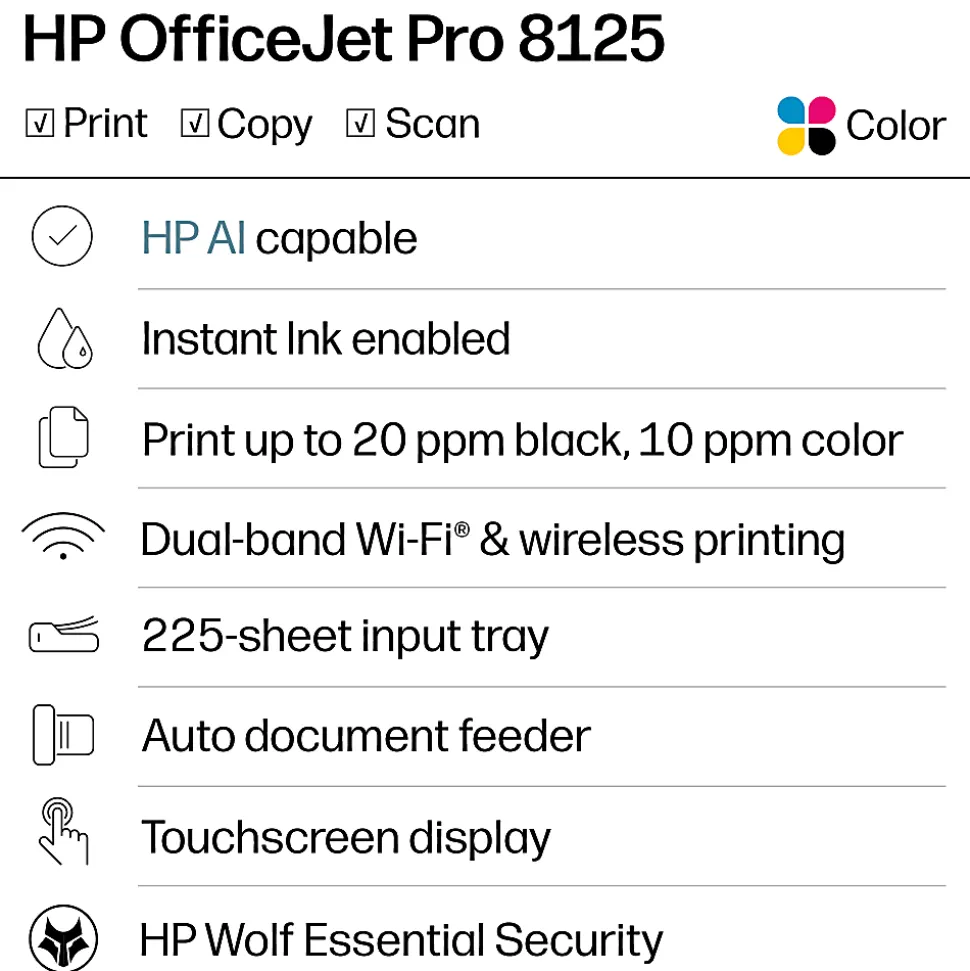 HP OfficeJet Pro 8125 Wireless All-in-One Color Inkjet Printer, Print, Scan, Copy, ADF, Duplex Printing, 3 months of Free Instant Ink, AI-Capable