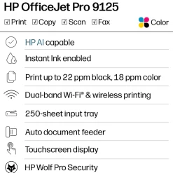 HP OfficeJet Pro 9125 Wireless All-in-One Color Inkjet Printer, print, scan, copy, fax, ADF, Duplex print/scan, 3 months free Instant Ink, AI-capable