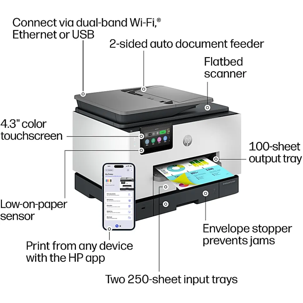 HP OfficeJet Pro 9135 Wireless All-in-One Color Inkjet Printer, print, scan, copy, fax, ADF, Duplex print/scan, 3 months free Instant Ink, AI-capable
