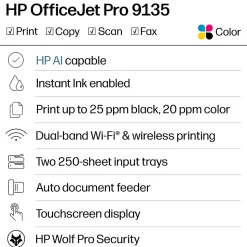 HP OfficeJet Pro 9135 Wireless All-in-One Color Inkjet Printer, print, scan, copy, fax, ADF, Duplex print/scan, 3 months free Instant Ink, AI-capable