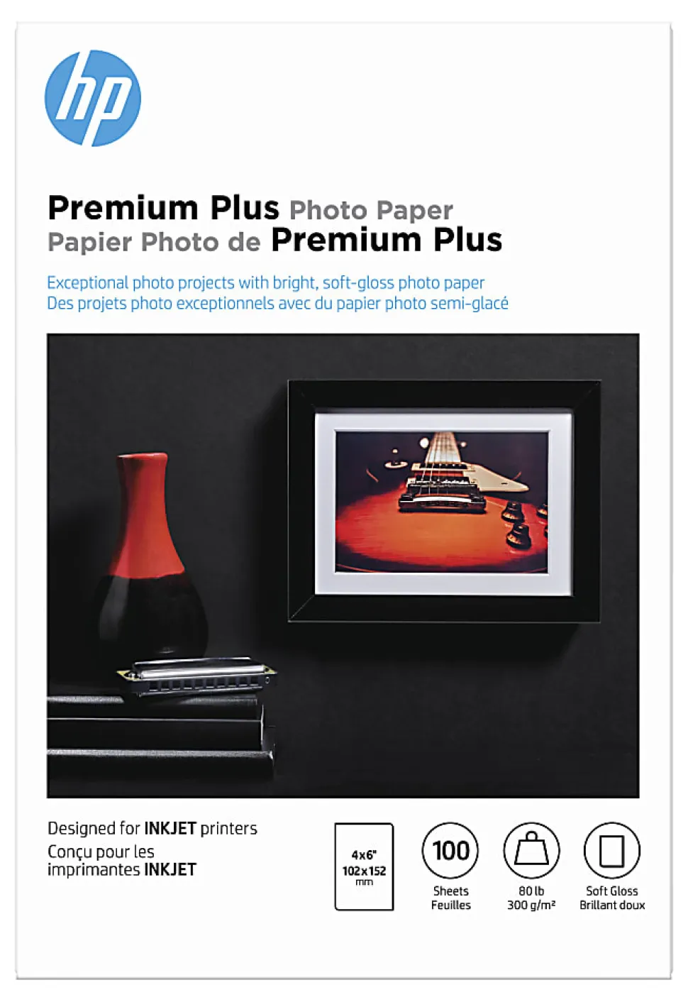 HP Premium Plus Photo Paper for Inkjet Printers, Soft Gloss, 4" x 6", 80 Lb., Pack Of 100 Sheets (CR666A)