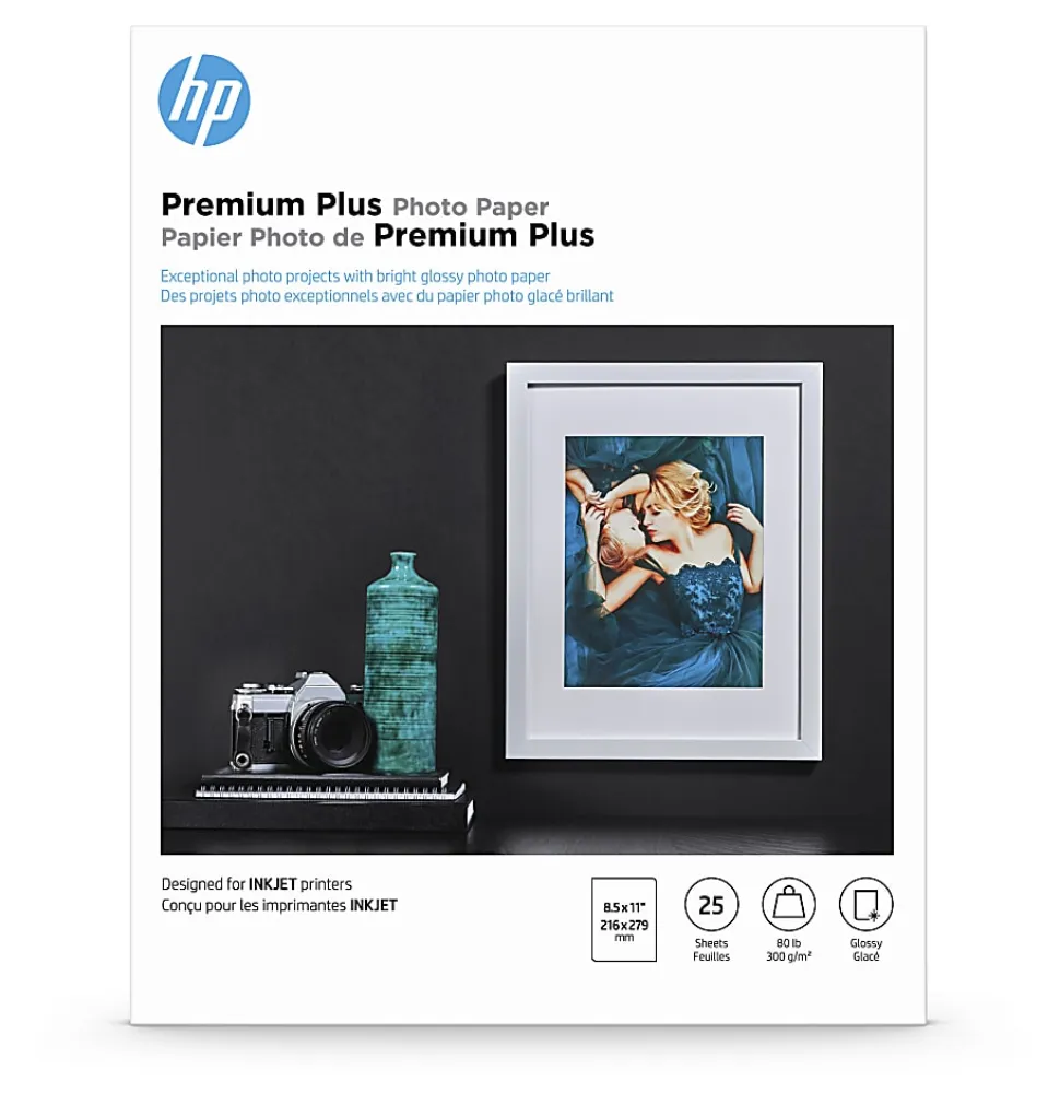 HP Premium Plus Photo Paper for Inkjet Printers, Glossy, Letter Size (8 1/2" x 11"), 80 Lb., Pack Of 25 Sheets (CR670A)