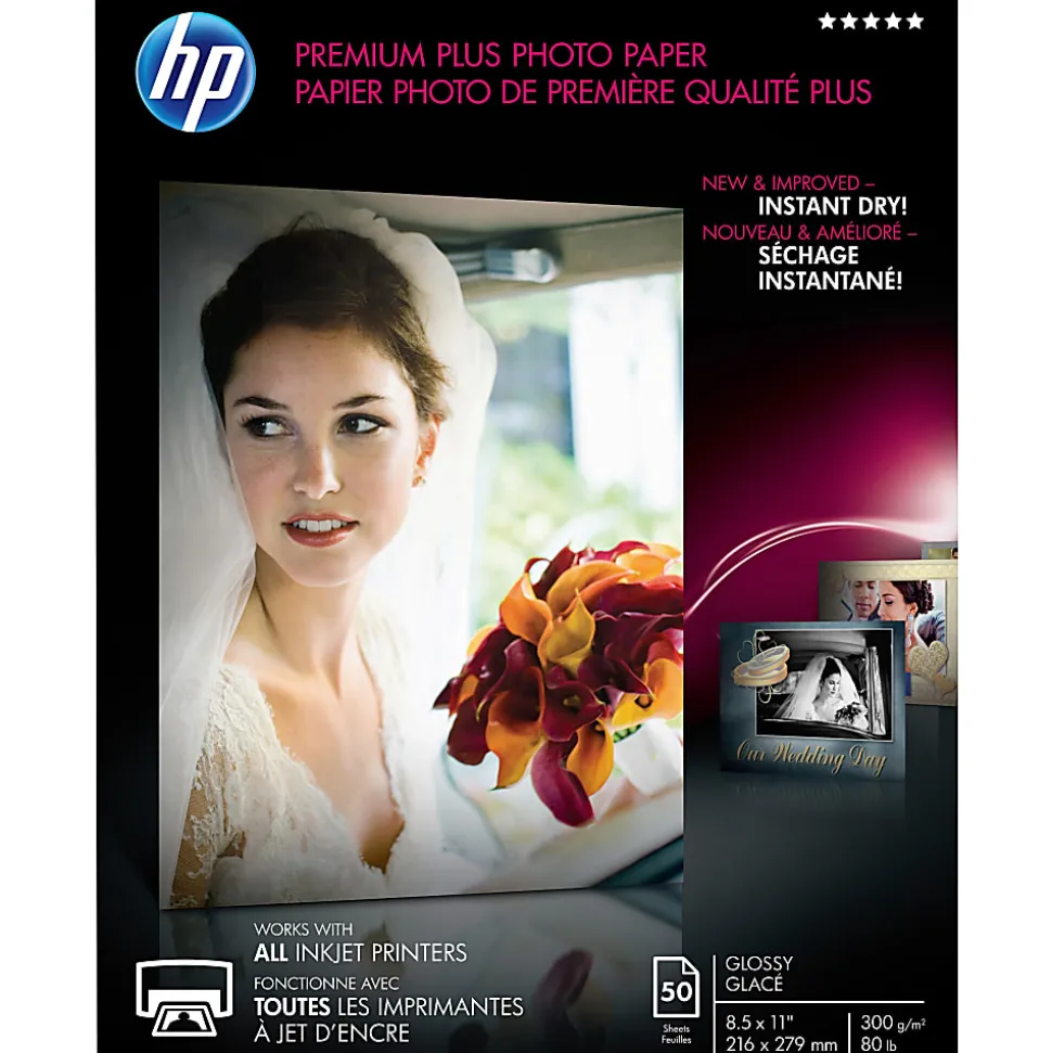 HP Premium Plus Photo Paper for Inkjet Printers, Glossy, Letter Size (8 1/2" x 11"), 80 Lb, Pack Of 50 Sheets (CR664A)