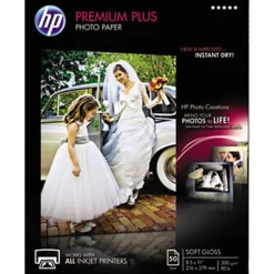 HP Premium Plus Photo Paper for Inkjet Printers, Soft Gloss, Letter Size (8 1/2" x 11"), 80 Lb, Pack Of 50 Sheets (CR667A)