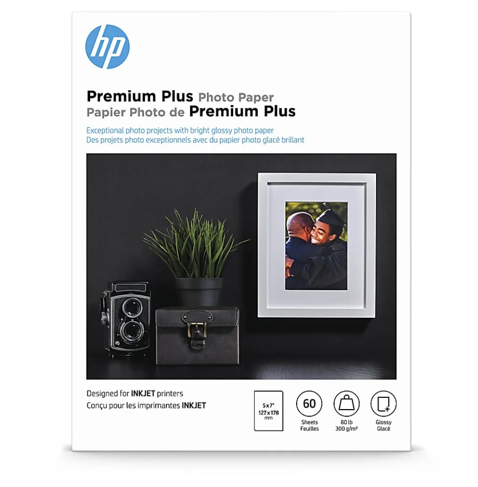 HP Premium Plus Photo Paper for Inkjet Printers, Glossy, 5" x 7", 80 Lb., Pack Of 60 Sheets (CR669A)