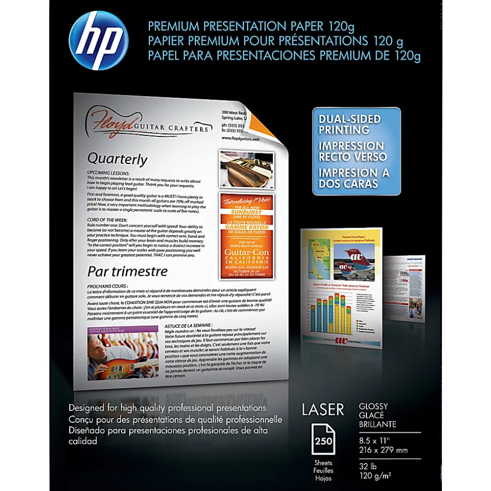 HP Premium Presentation Multi-Use Printer & Copy Paper, White, Letter (8.5" x 11"), 250 Sheets Per Pack, 32 Lb, 92 Brightness