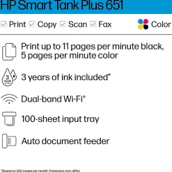 HP Smart Tank Plus 651 Wireless Cartridge-free All-in-One Ink Tank Printer with up to 3 years of ink included (7XV38A)