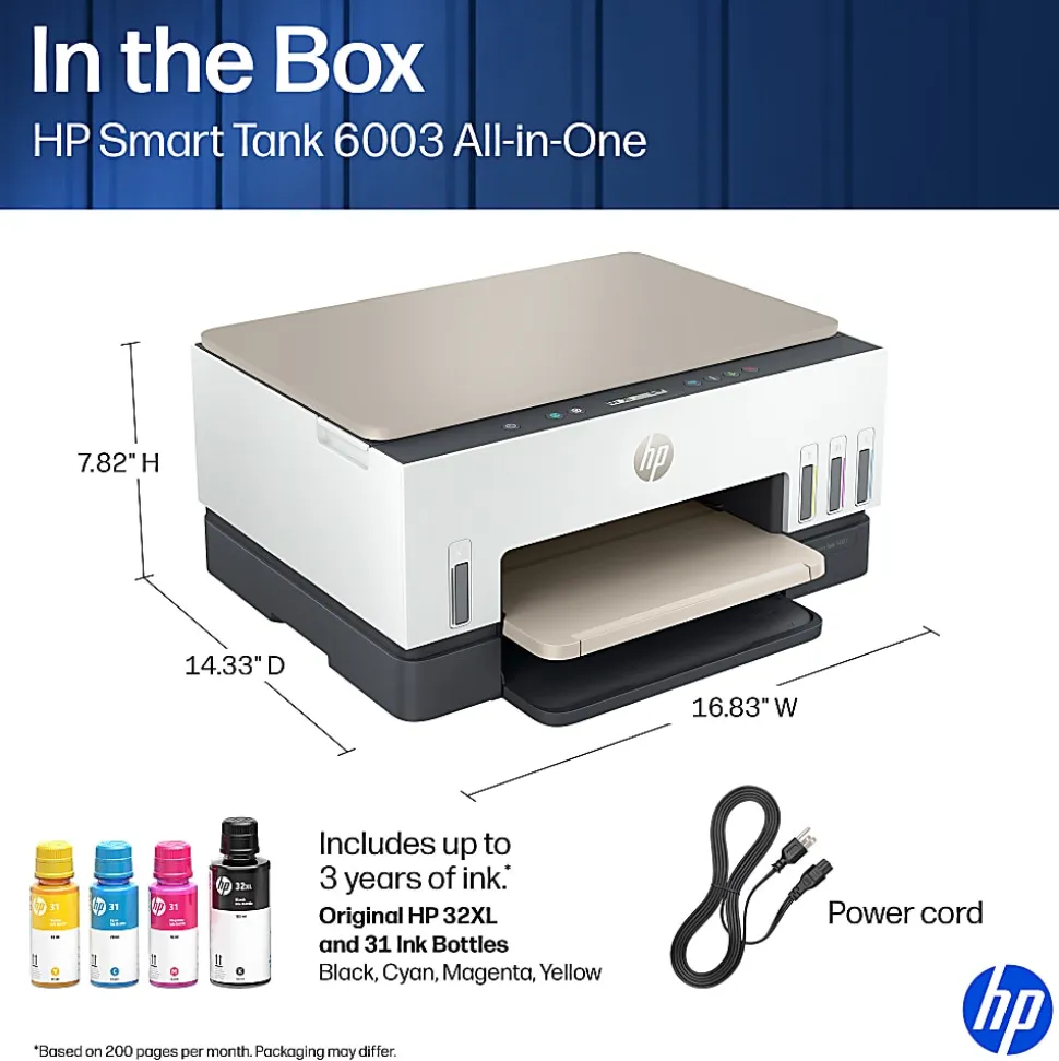 HP Smart Tank 6003 Wireless All-in-One Cartridge-free Ink Tank Printer with up to 3 years of ink included, AI-capable (9B5C8A)