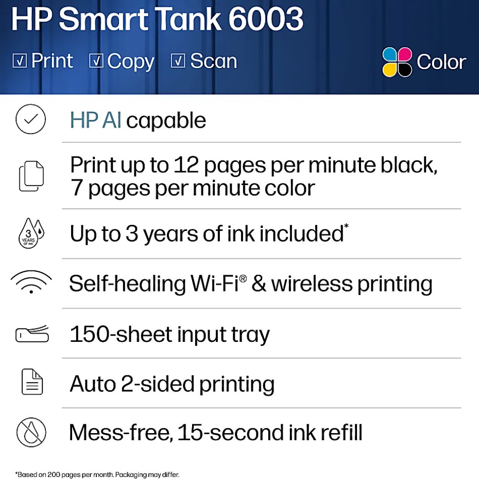 HP Smart Tank 6003 Wireless All-in-One Cartridge-free Ink Tank Printer with up to 3 years of ink included, AI-capable (9B5C8A)
