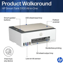HP Smart Tank 5100 Wireless All-in-One Cartridge-free Ink Tank Printer with up to 3 years of ink included, AI-capable (9B2D1A)