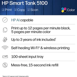 HP Smart Tank 5100 Wireless All-in-One Cartridge-free Ink Tank Printer with up to 3 years of ink included, AI-capable (9B2D1A)