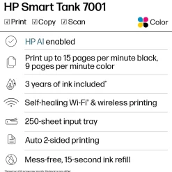 HP Smart Tank 7001 Wireless All-in-One Cartridge-free Ink Tank Printer with up to 3 years of ink included, AI-capable (28B49A)