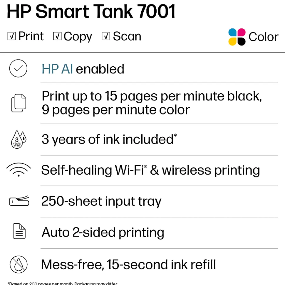 HP Smart Tank 7001 Wireless All-in-One Cartridge-free Ink Tank Printer with up to 3 years of ink included, AI-capable (28B49A)