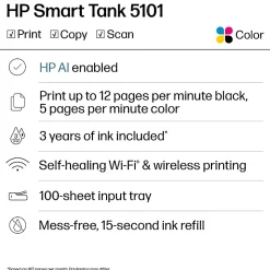 HP Smart Tank 5101 Wireless All-in-One Cartridge-free Ink Tank Printer with up to 3 years of ink included, AI-capable (1F3Y0A)