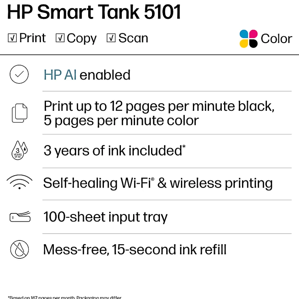 HP Smart Tank 5101 Wireless All-in-One Cartridge-free Ink Tank Printer with up to 3 years of ink included, AI-capable (1F3Y0A)