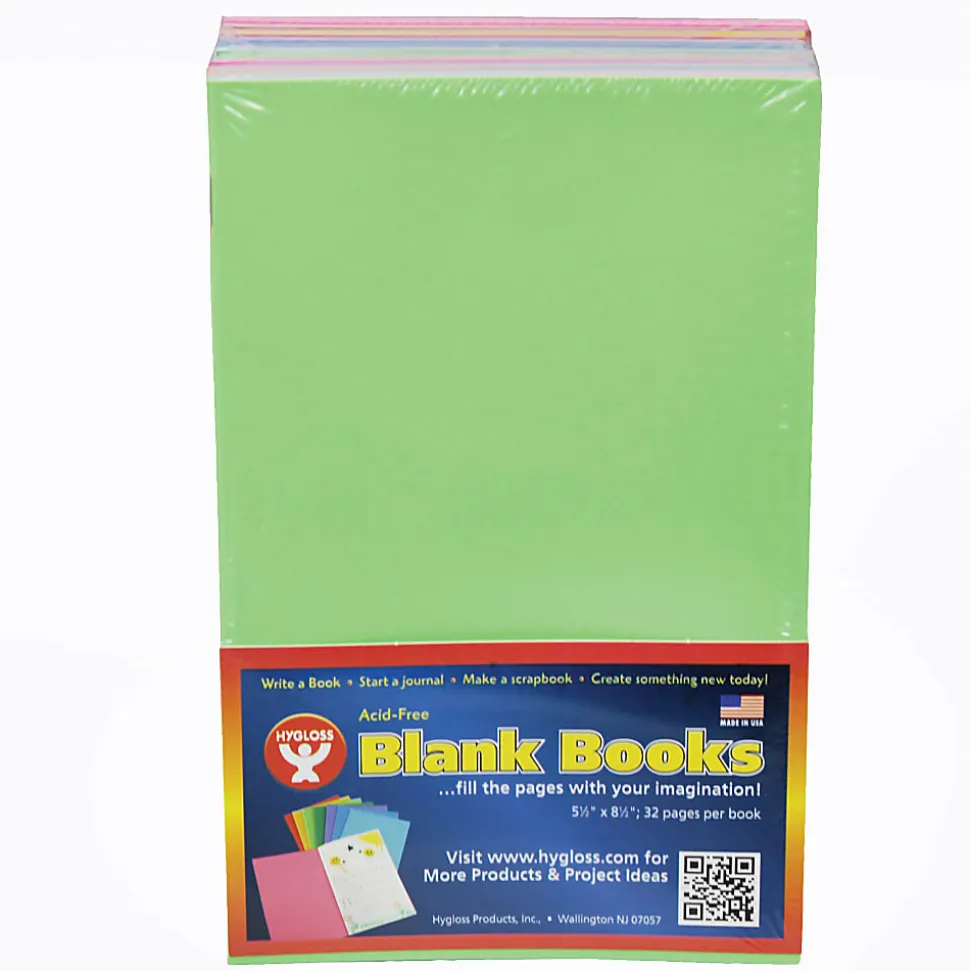 Hygloss Mighty Brights™ Blank Paperback Books, 5" x 8", 32 Pages (16 Sheets), Assorted Colors, Pack Of 20