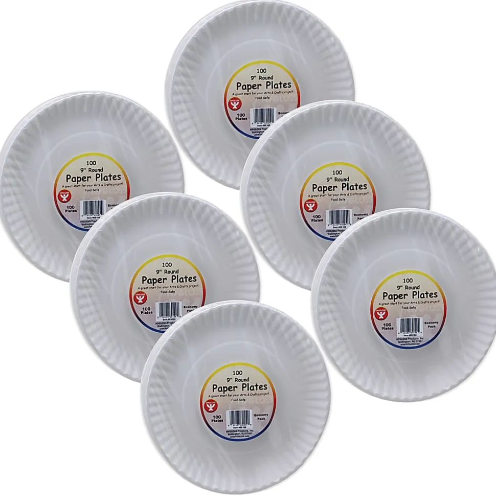 Hygloss Paper Plates, 9”, White, 100 Plates Per Pack, Set Of 6 Packs