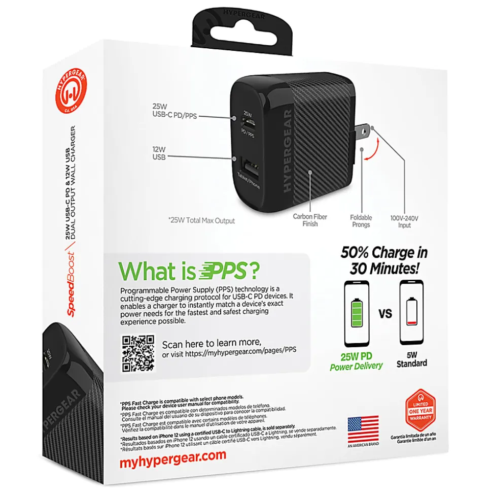 HyperGear SpeedBoost PD Dual-Output USB Wall Charger For iPhone And Android, Black, HPL15625