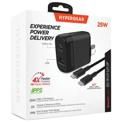 HyperGear SpeedBoost 25W PD Dual-Output USB-C Wall Charger Kit For Android, Black, HPL15626