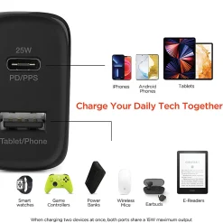HyperGear SpeedBoost 25W PD Dual-Output USB-C Wall Charger Kit For Android, Black, HPL15626