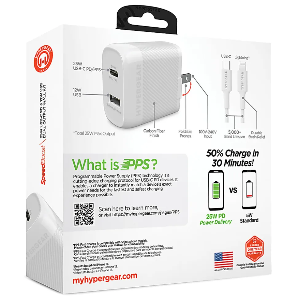 HyperGear SpeedBoost 25W PD Dual-Output Lightning Wall Charger Kit For iPhone®/iPad®/iPod, White, HPL15627