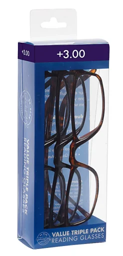 ICU Eyewear Rectangular Reading Glasses Set, Plastic, +3.00, Pack Of 3