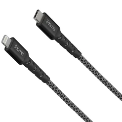 iHome 6' Durastrain Lightning to USB-C Nylon Charge And Sync Cable With Cable Wrap, Black, 2IHLC1023B6L2