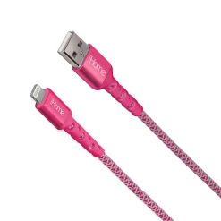 iHome Nylon Braided Lightning To USB-A Cable, 10', Pink