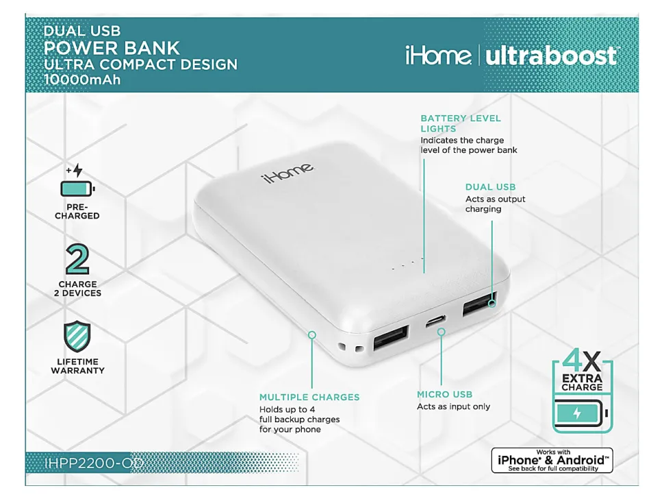 iHome Ultra-Compact 10,000mAh Power Bank, White