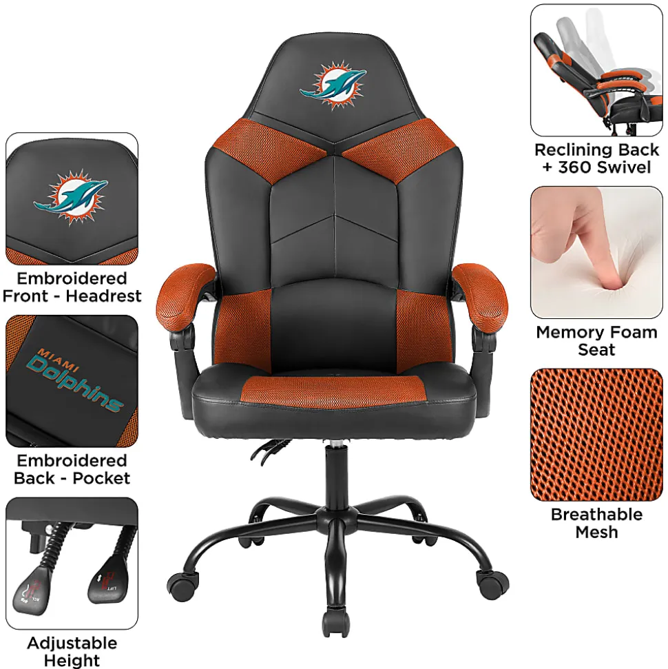 Imperial Adjustable Oversized Vinyl High-Back Office Task Chair, NFL Miami Dolphins, Black/Orange