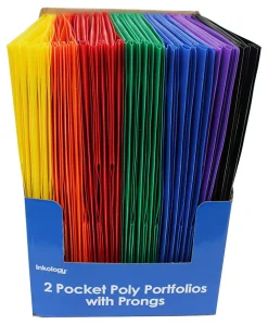 Inkology Poly Portfolios With Prongs, Assorted Colors, Pack Of 48